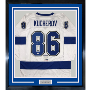 Framed Autographed/Signed Nikita Kucherov 35x39 Tampa Bay White Hockey Jersey PSA/DNA COA