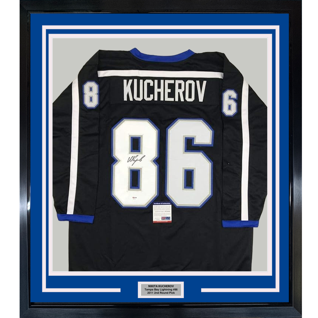 Framed Autographed/Signed Nikita Kucherov 35x39 Tampa Bay Black Retro Hockey Jersey PSA/DNA COA