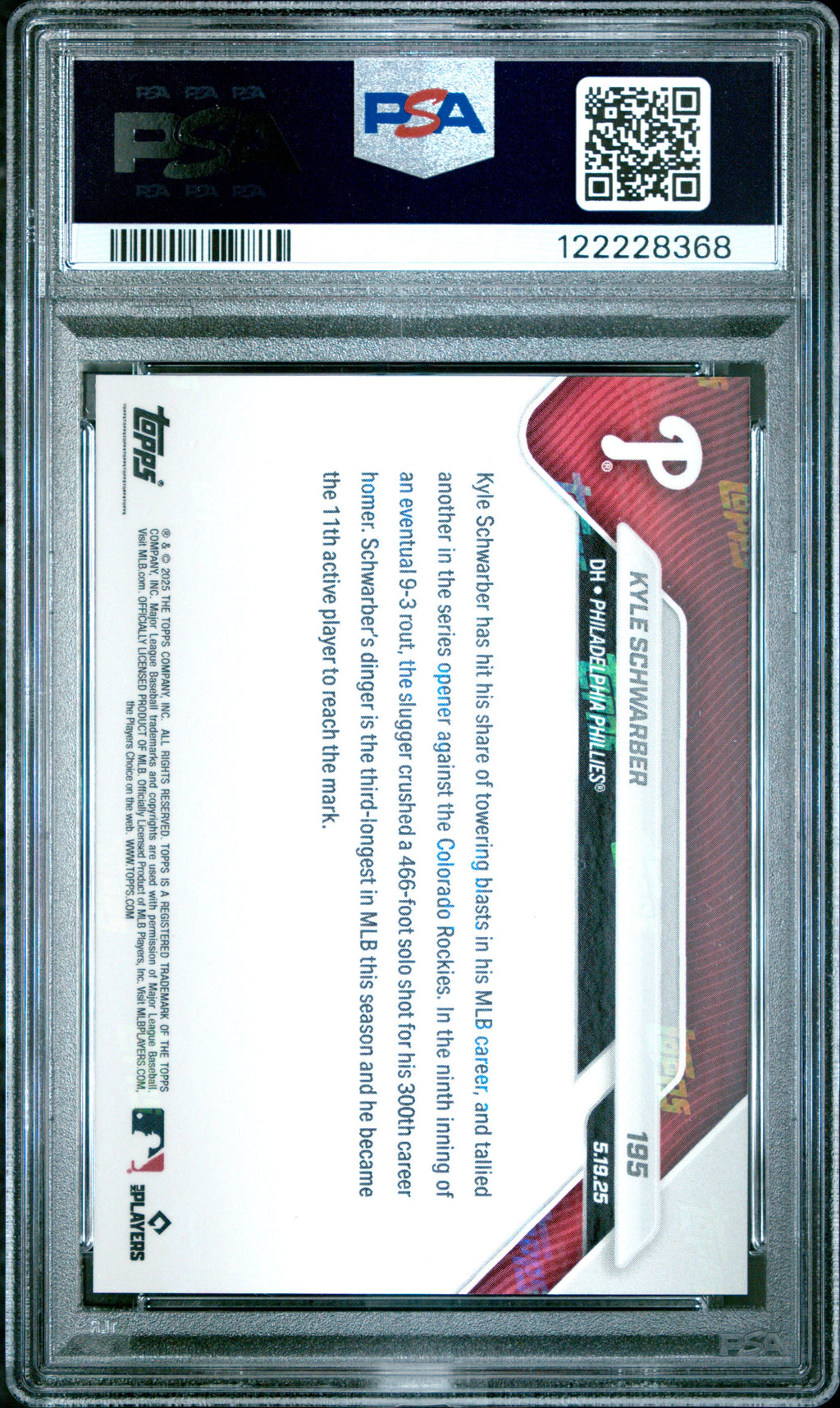 Graded 2025 Topps Now Kyle Schwarber #195 Baseball Card PSA 9 Mint