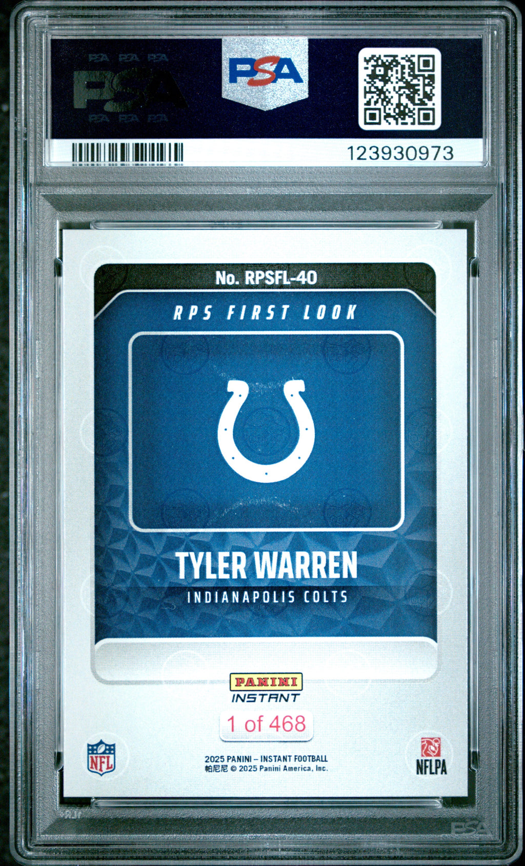Graded 2025 Panini Instant Tyler Warren #RPSFL40 RPS First Look Rookie RC Football Card PSA 10 Gem Mint