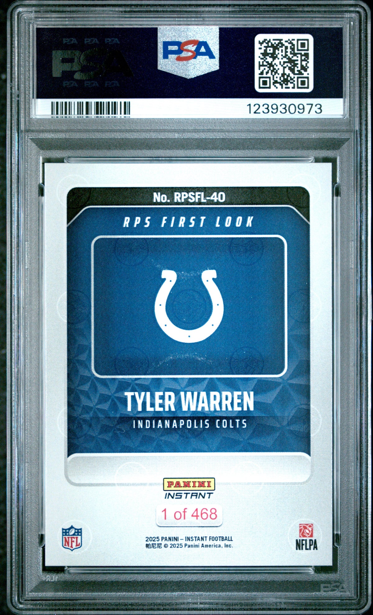 Graded 2025 Panini Instant Tyler Warren #RPSFL40 RPS First Look Rookie RC Football Card PSA 10 Gem Mint