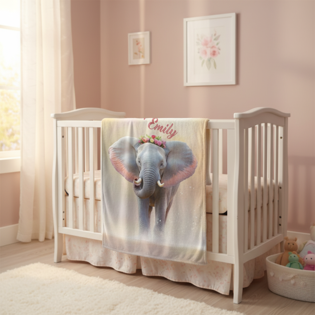 Personalized Elephant Blanket with Name | Custom Girl Gift