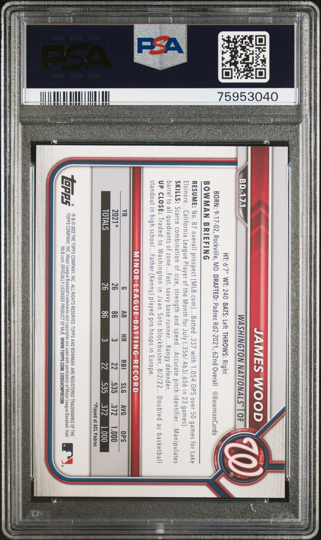 Graded 2022 Topps Bowman Draft 1st Ed James Wood #171 Rookie RC Baseball Card PSA 10 Gem Mint