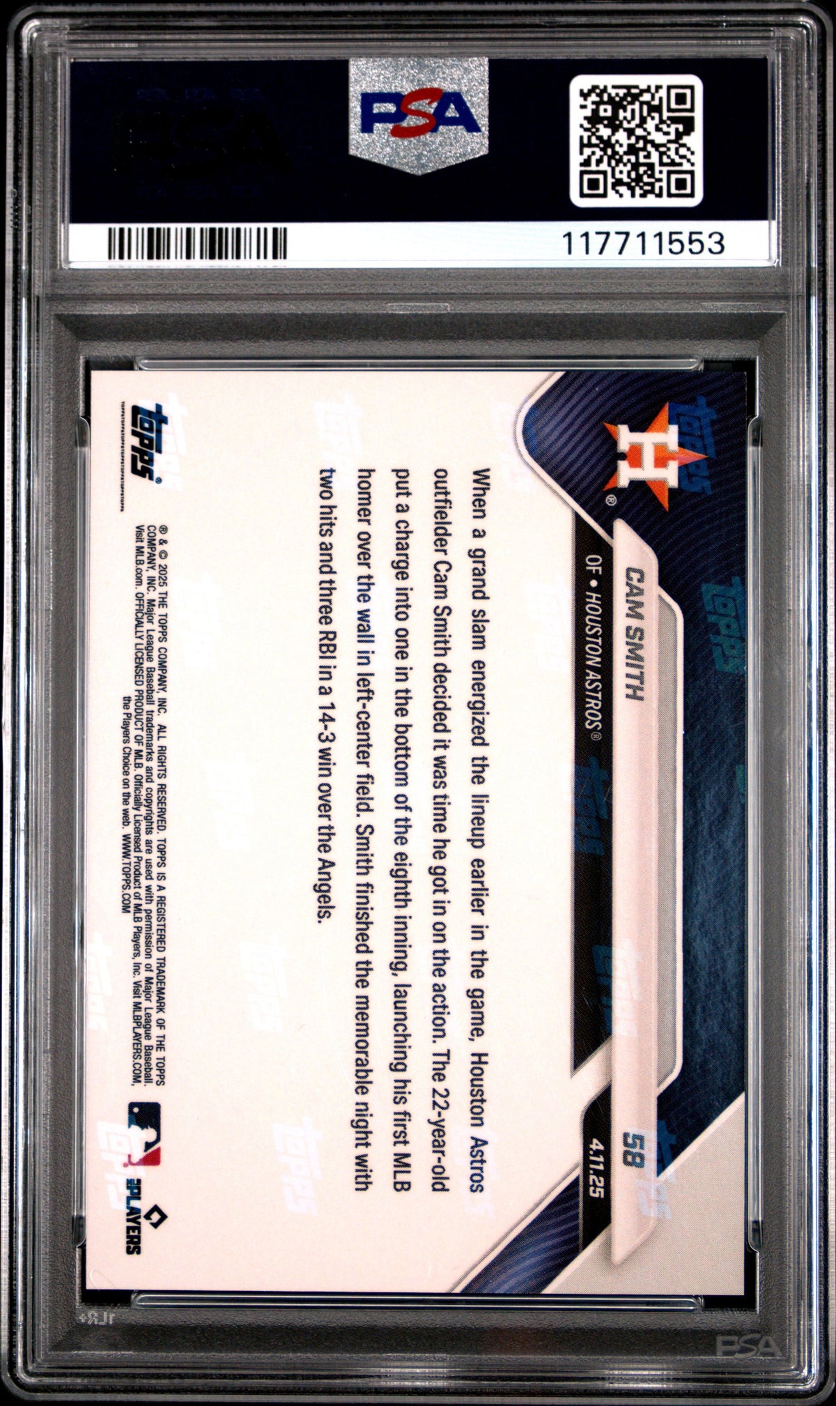 Graded 2025 Topps Now Cam Smith #58 Orange Foil /25 Rookie RC Baseball Card PSA 10 Gem Mint
