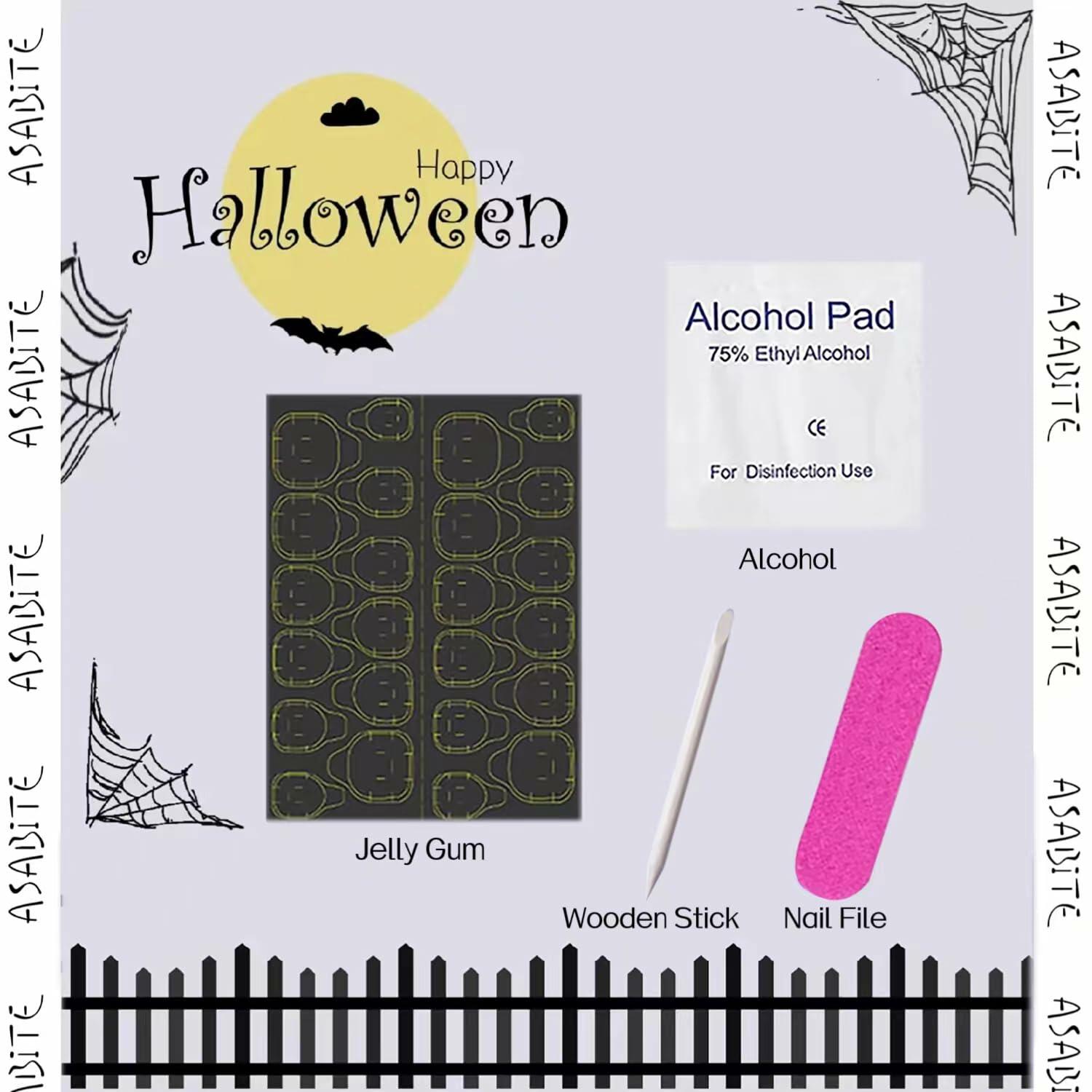 24 Pcs Halloween Acrylic Press On Nails Medium Almond Ghost Pumpkin Bat Design