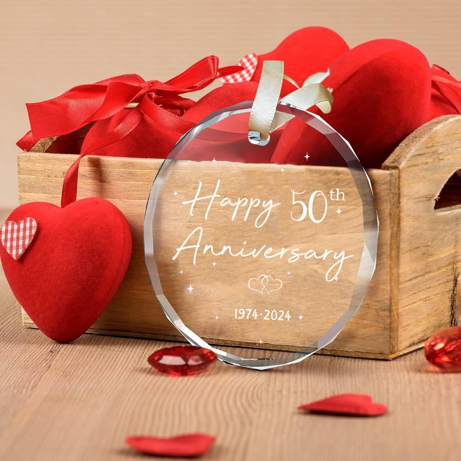 50th Anniversary Glass Wedding Ornament Keepsake Gift for Couple 3 Inch