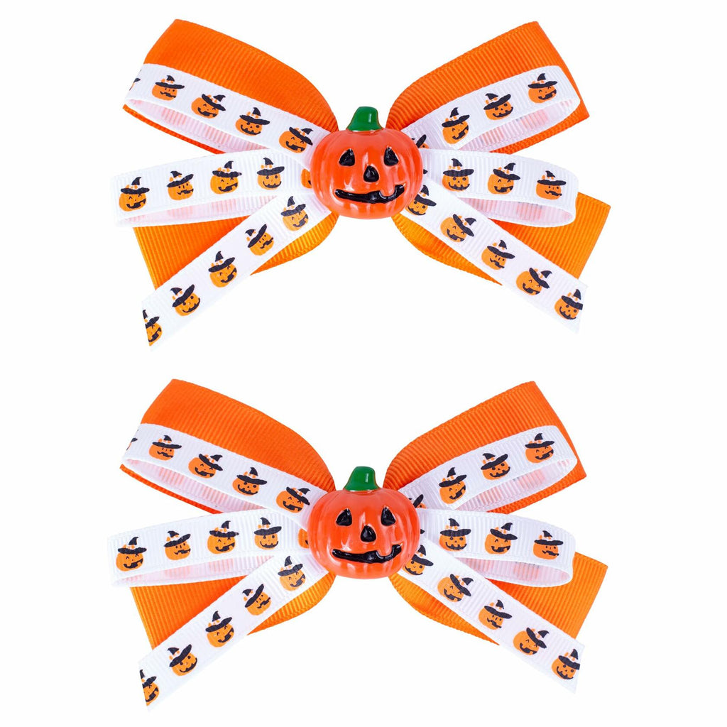 Halloween Pumpkin Hair Bows Clips Orange Dual-Layered Grosgrain Ribbon