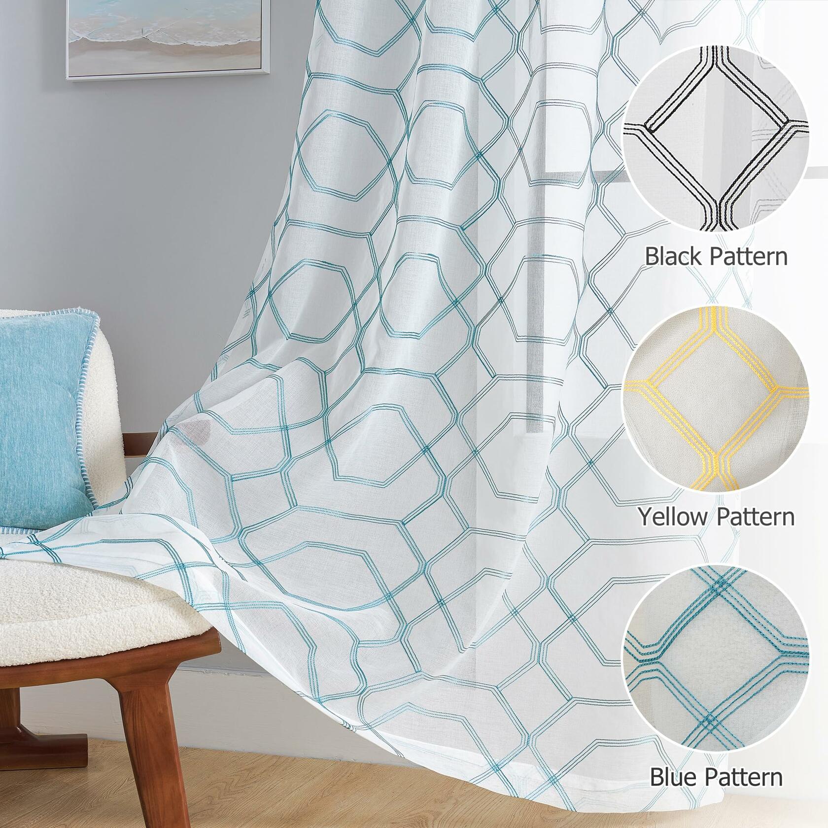 WANSOUL Blue Pattern Sheer Curtains 2 Panels 84in Teal Blue Moroccan Design