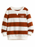 Verdusa Boy's Stripe Print Letter Patchwork Pullover Sweatshirt Brown Size 7Y