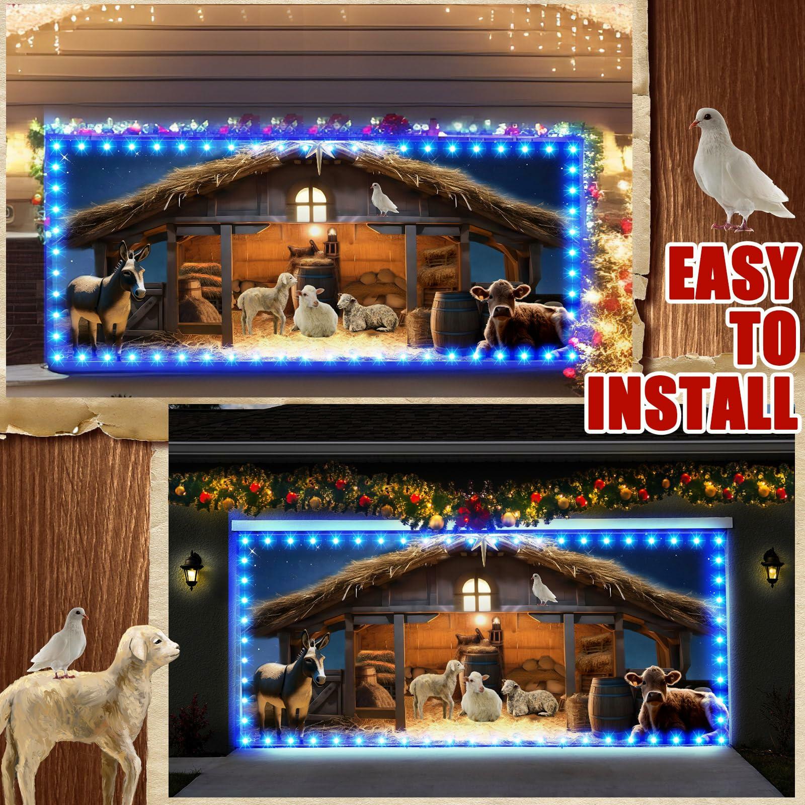Ganeen 6.4x16ft LED Christmas Garage Door Banner Rustic Nativity Farm