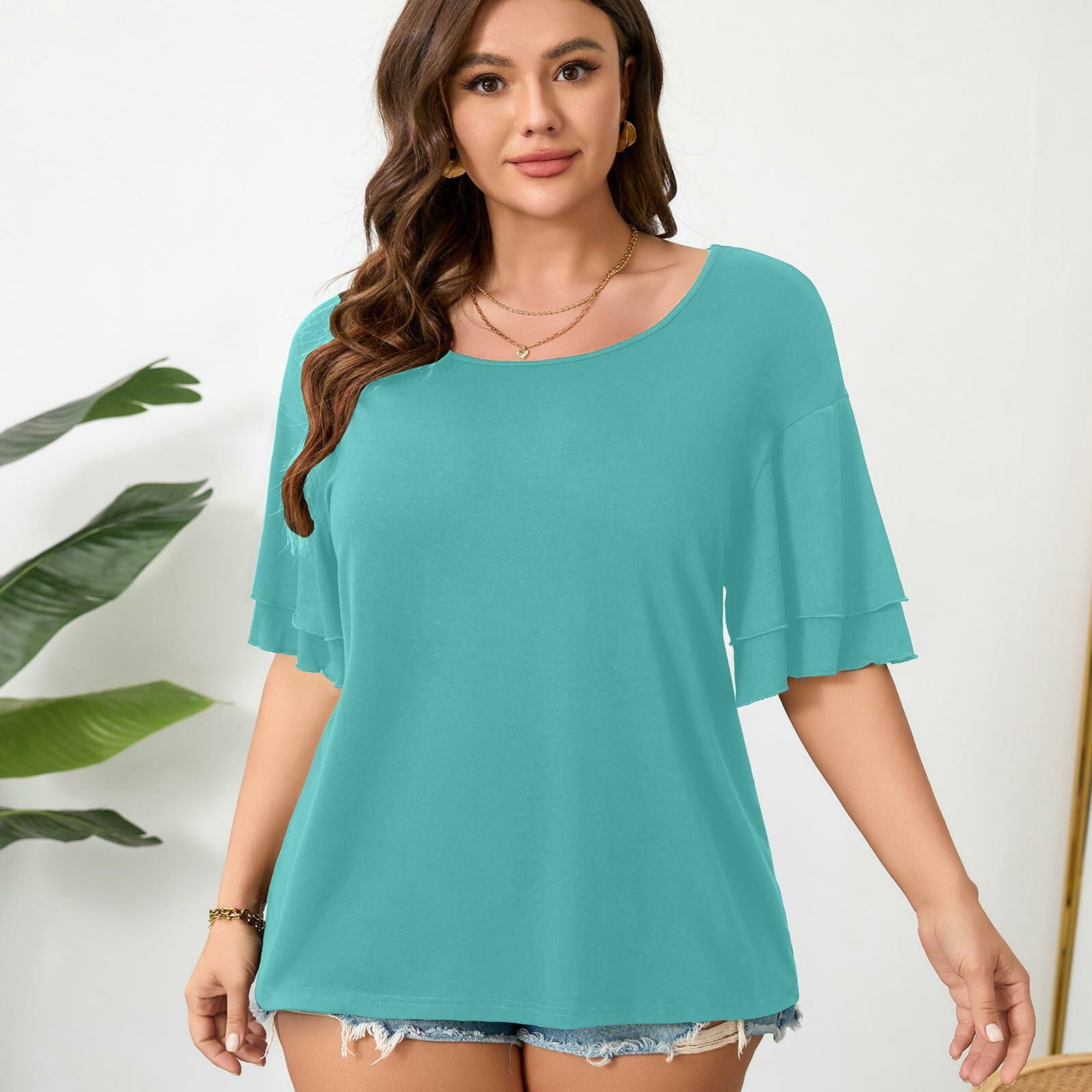 RWJ Women's Casual 3/4 Sleeve Crewneck Top Light Cyan Size L