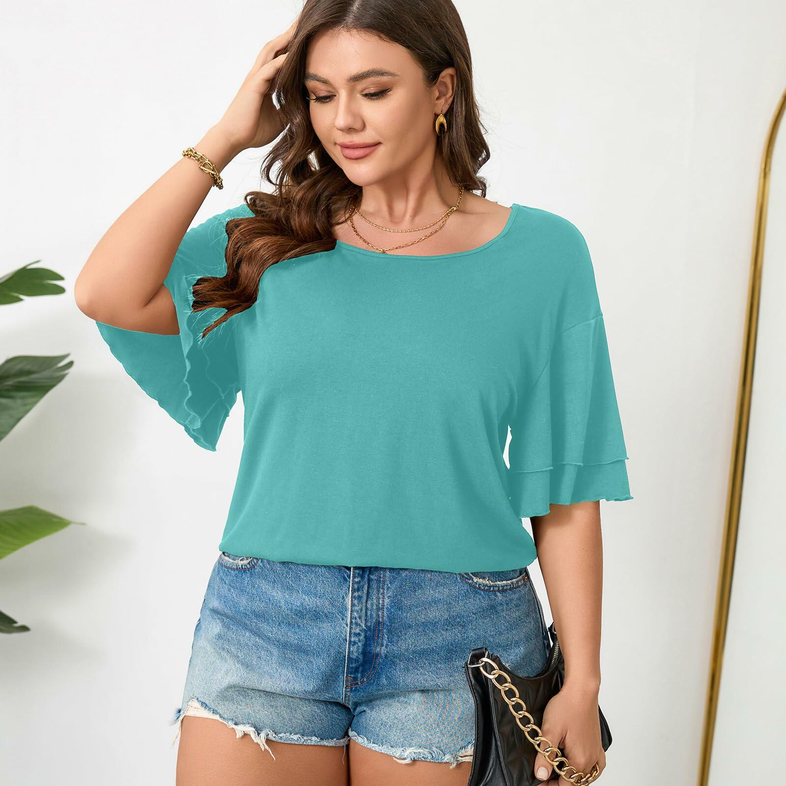 RWJ Women's Casual 3/4 Sleeve Crewneck Top Light Cyan Size L