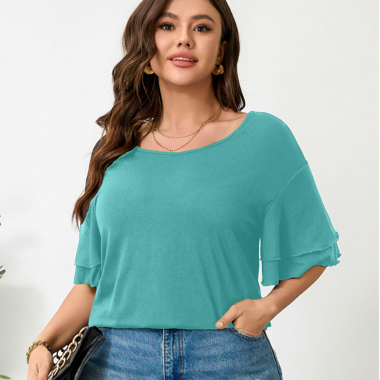 RWJ Women's Casual 3/4 Sleeve Crewneck Top Light Cyan Size L