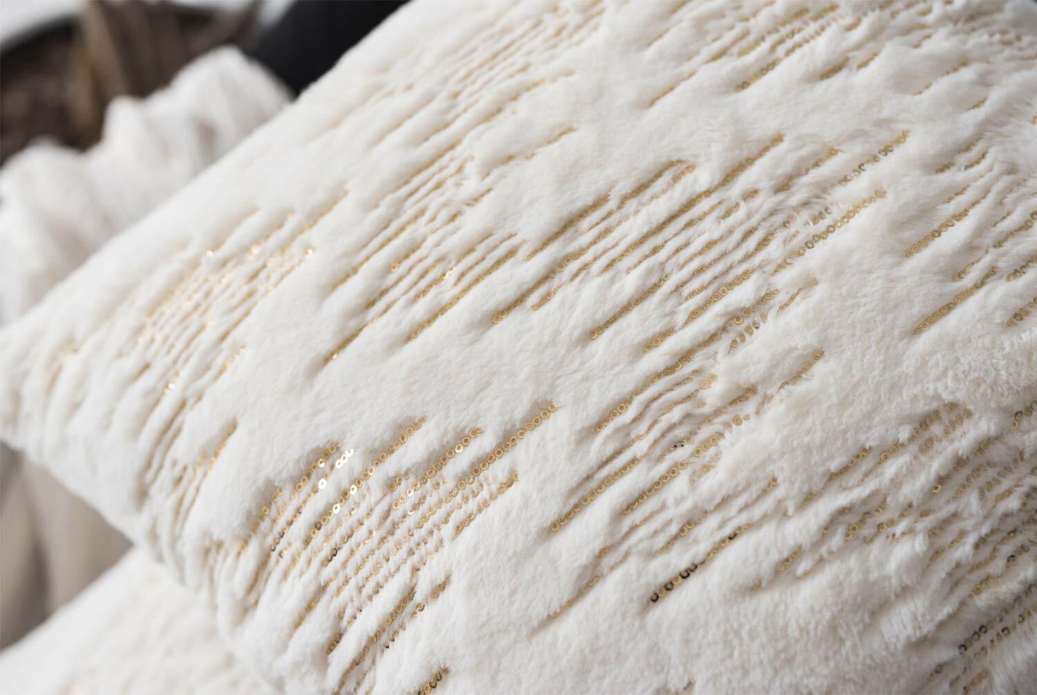 Throw Pillow Covers 18x18in Set of 2 White Fur Gold Embroidered Sequins