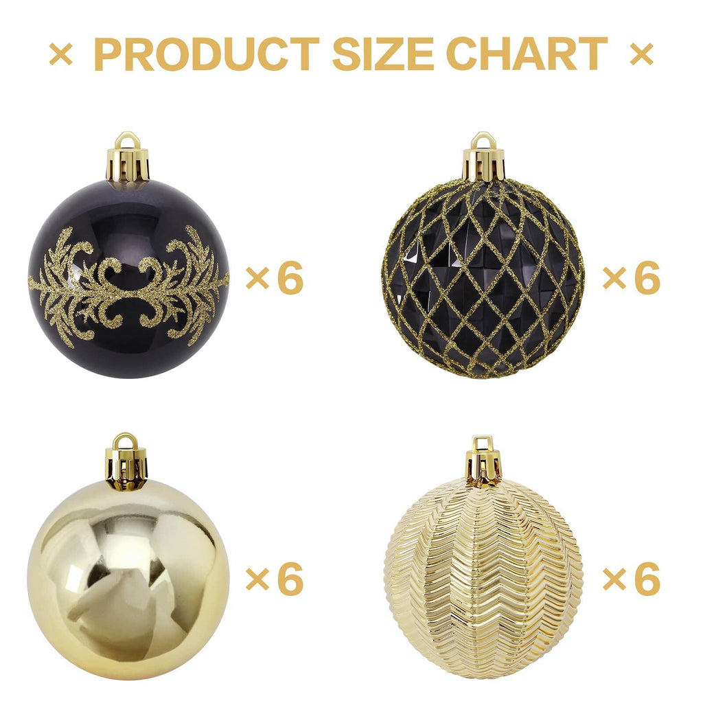 RoseCraft 60mm Hand-Printed Christmas Ball Ornaments Set 24PCS Black/Gold