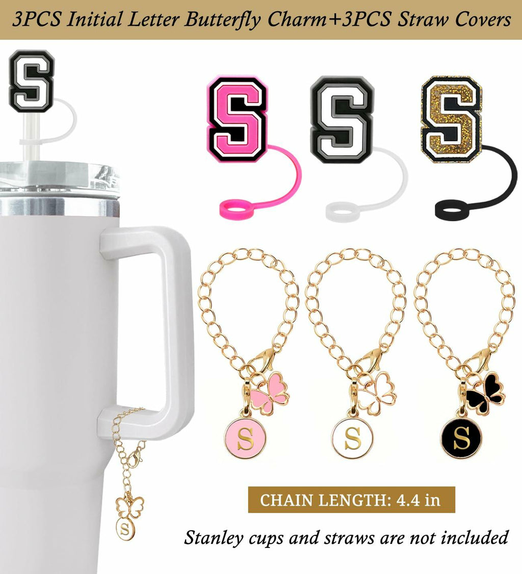 Nuozme Straw Cover Caps 6pcs w/ Initial Butterfly Charms for Stanley 30/40oz
