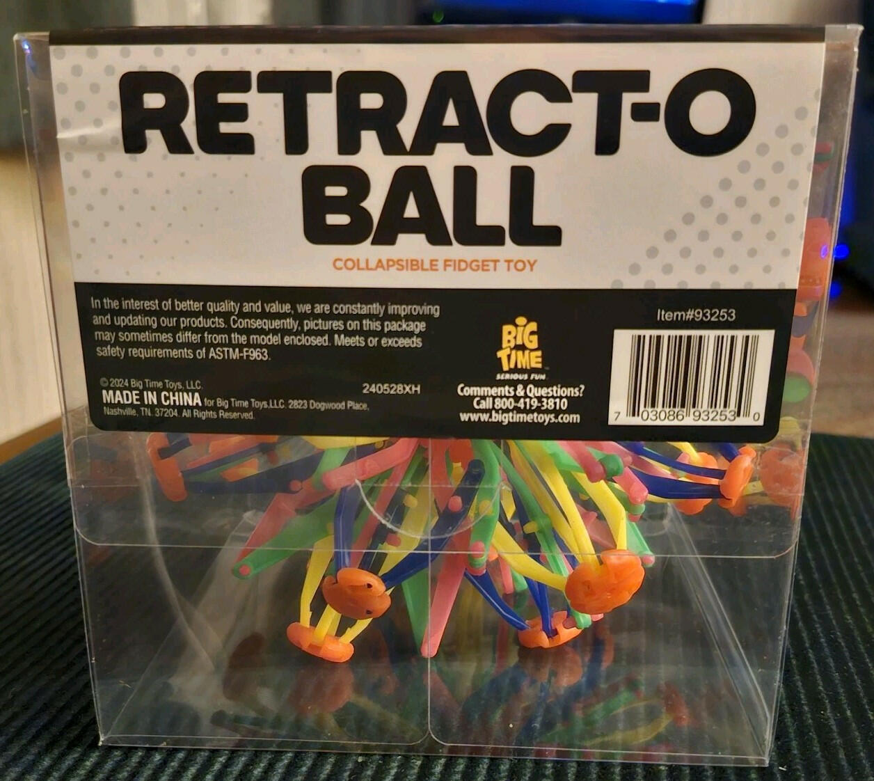 Open Box. ToyPlanet Retract-O Ball Collapsible Multi-Color Plastic Fidget Toy