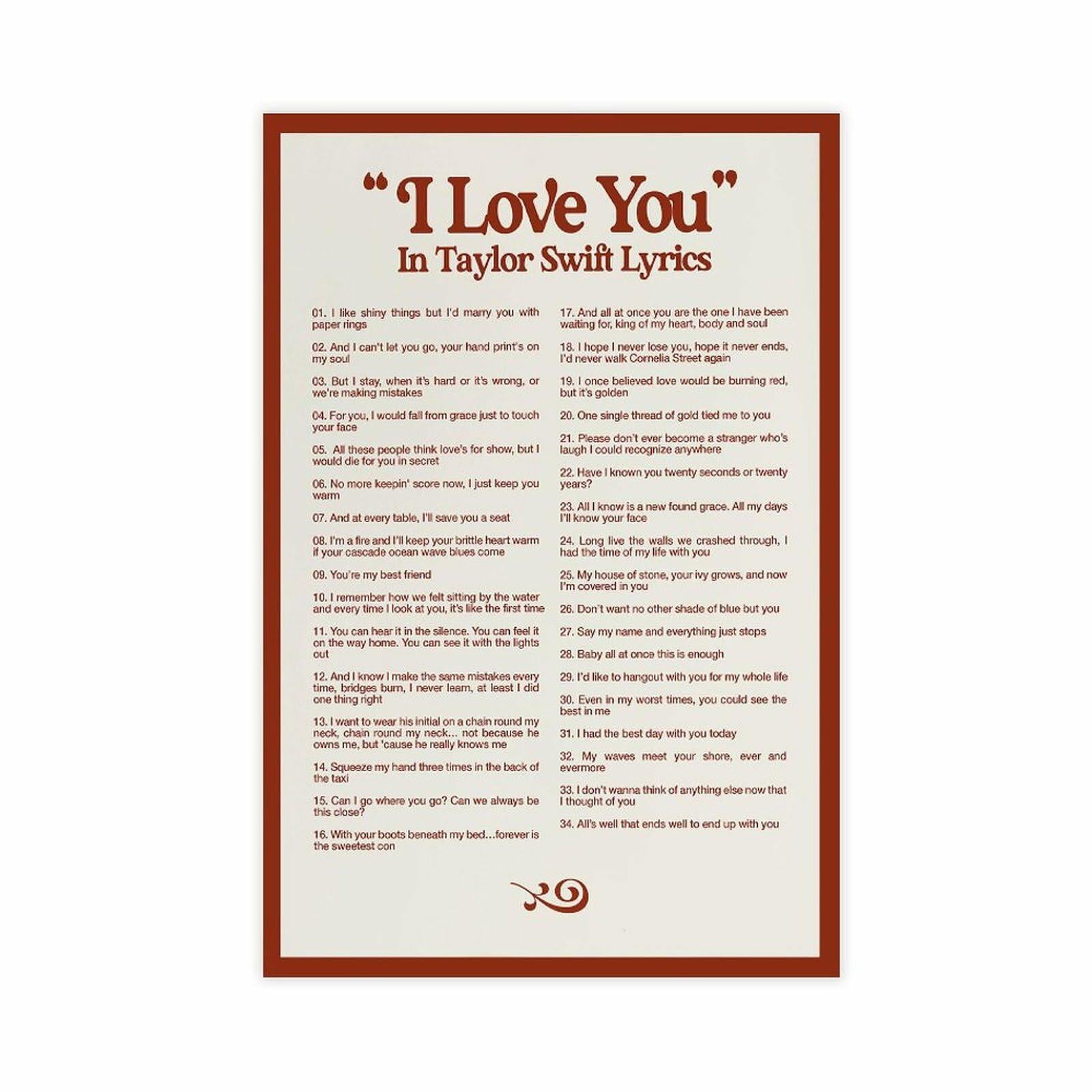 I LOVE YOU Taylor Swift Lyrics Poster Canvas Wall Art 12x18in 30x45cm