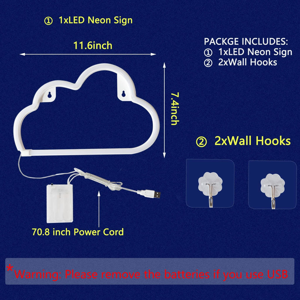 [Like New] BerniceKelly Cloud Neon Signs LED Wall Decor Battery USB Powered White