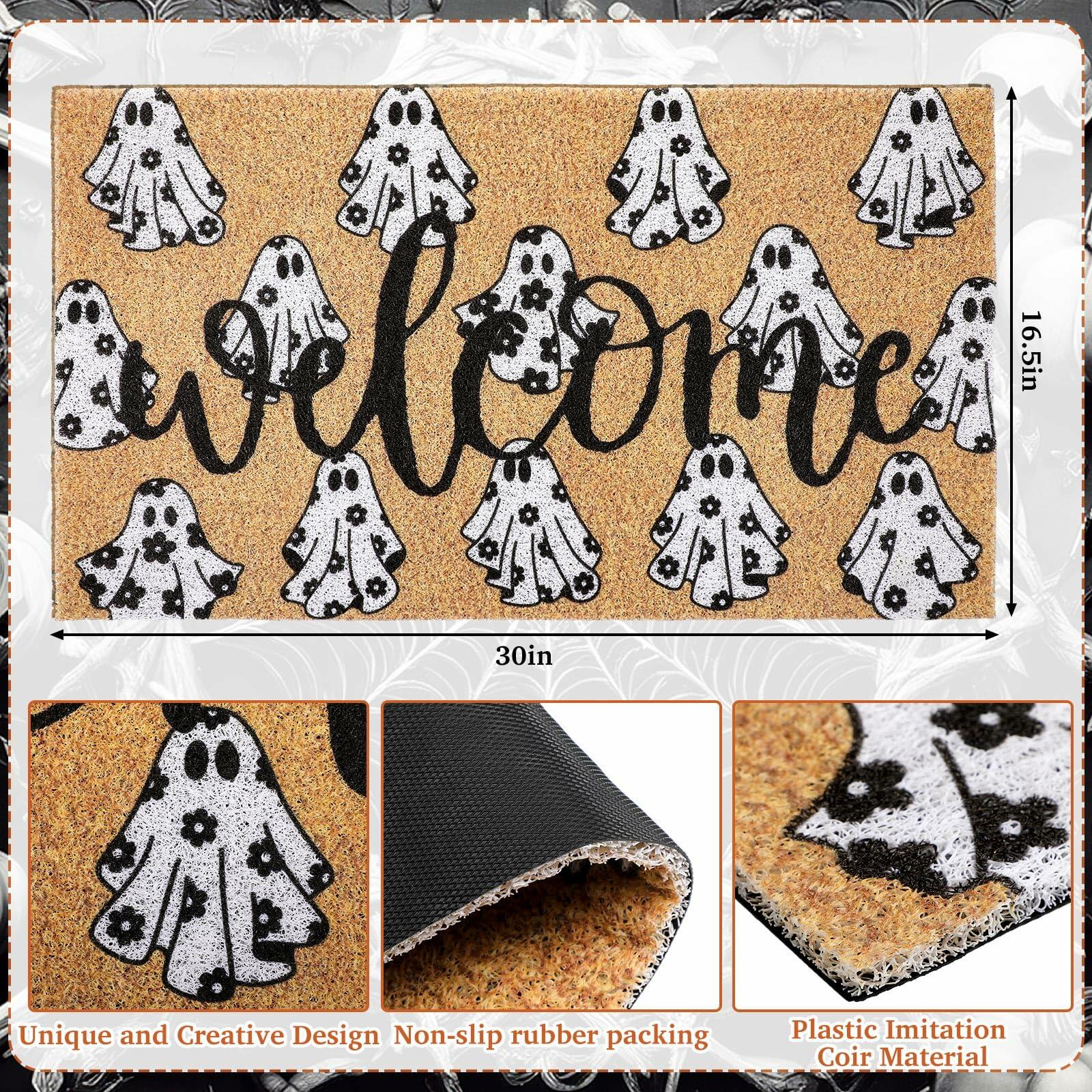 Dunzy Halloween Ghost Welcome Doormat Black Brownish Yellow 17x29 Rectangular