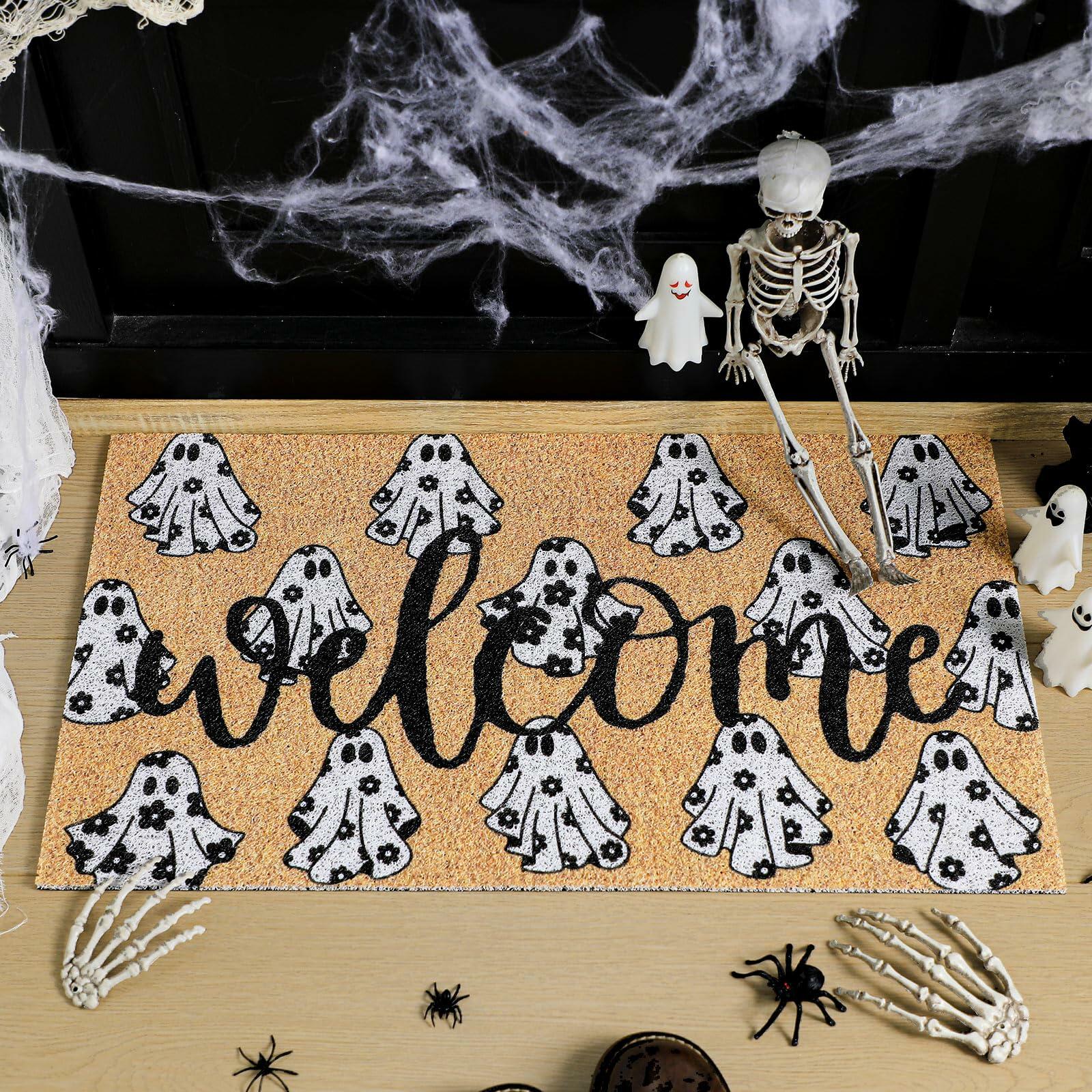Dunzy Halloween Ghost Welcome Doormat Black Brownish Yellow 17x29 Rectangular