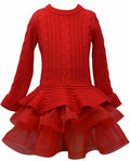 Bonnie Jean Chunky Cable Knit Sweater Dress Red Flared Hem Size 4