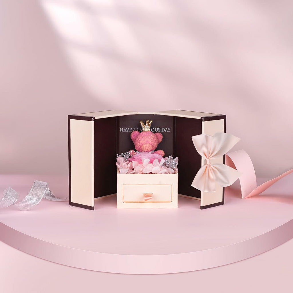 Generic Preserved Rose Gift Box with Pink Moss Bear & Necklace Gift