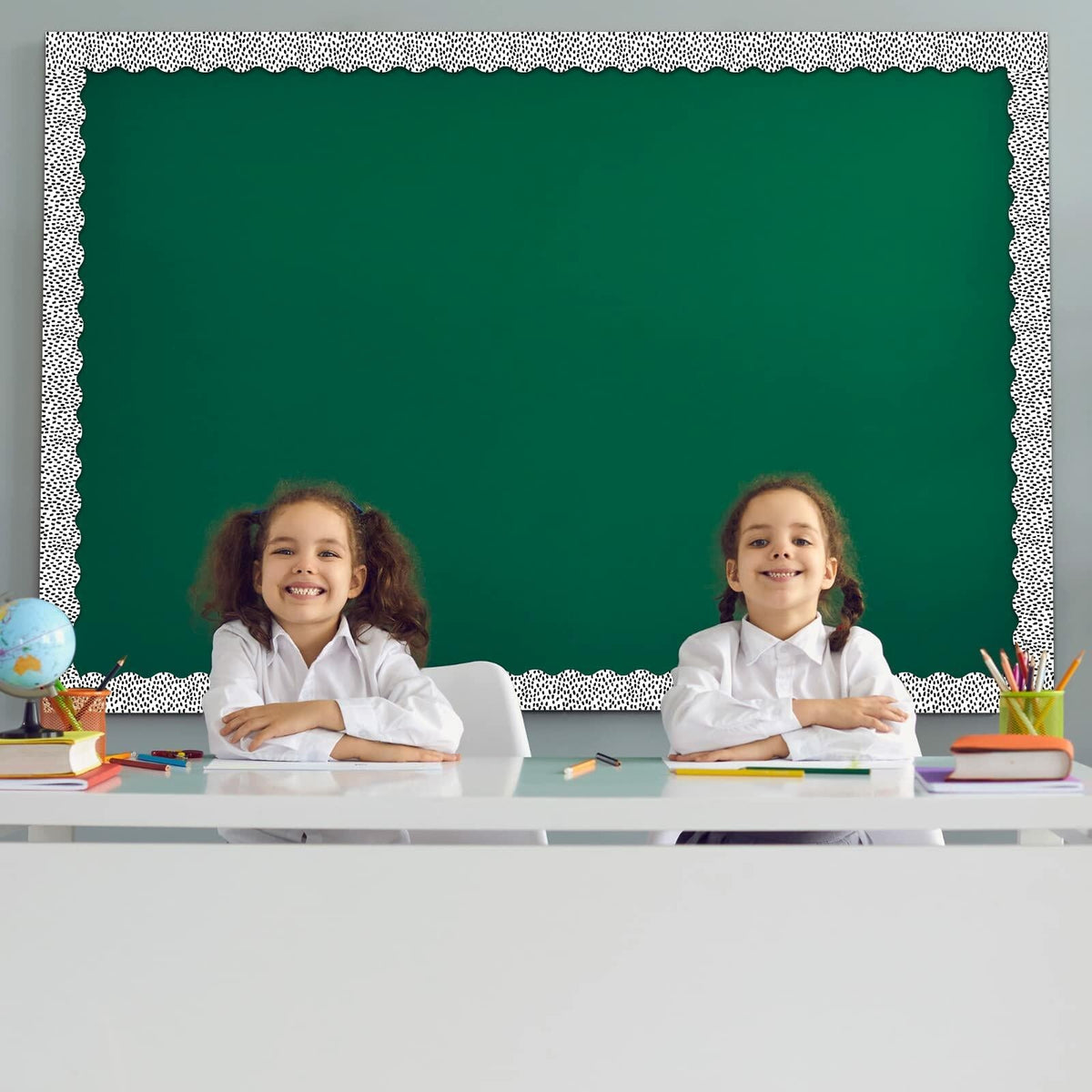 PerKoop Bulletin Board Borders 2 Rolls 131ft Dots White Background