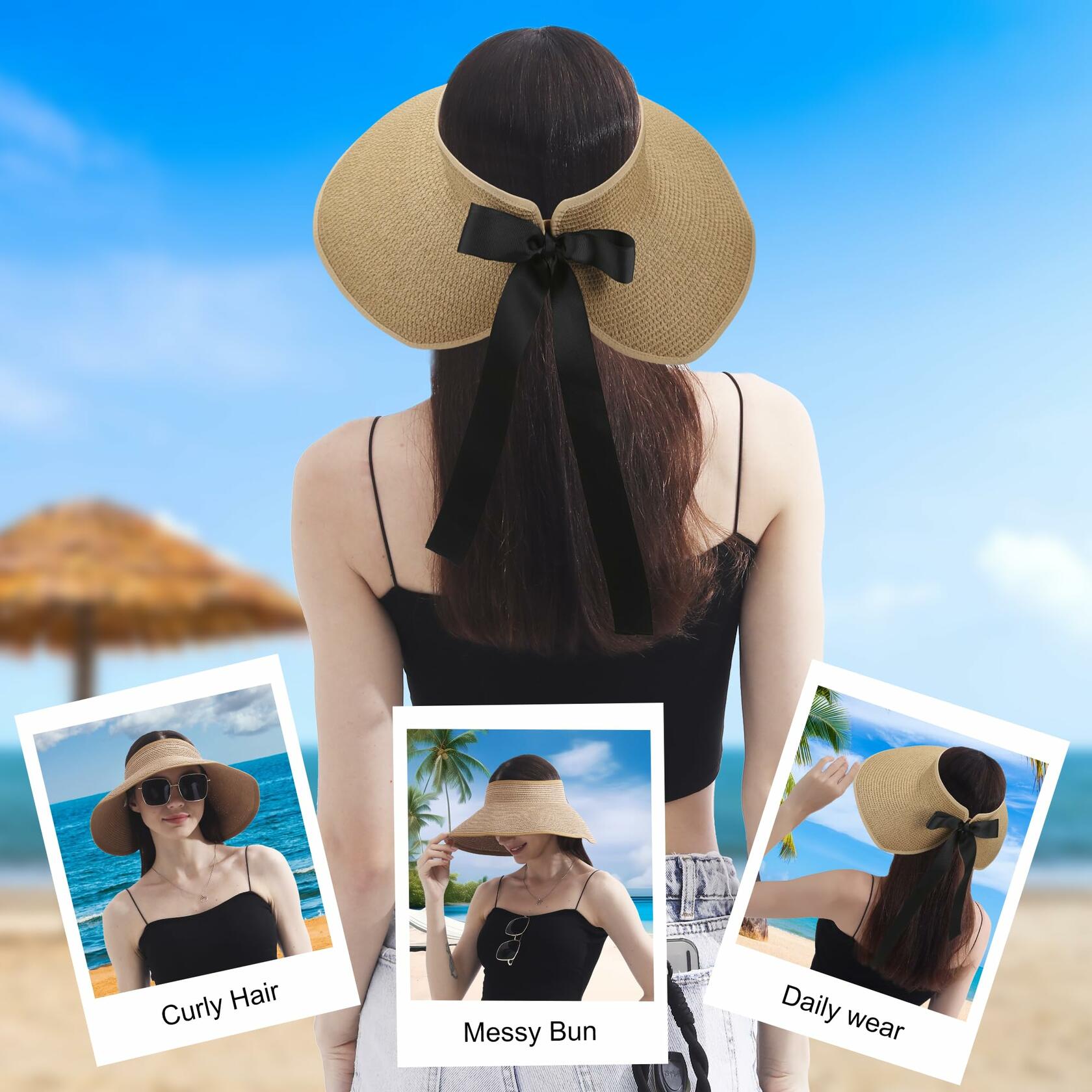 Wide Brim Straw Sun Hat Women Summer Beach Vacation Foldable Coffee Ribbon