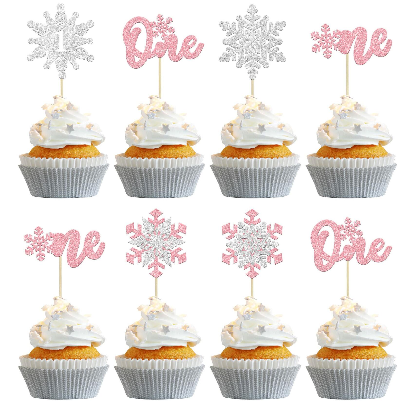 Gyufise 24Pcs Double Layer Pink Glitter Snowflake Cupcake Toppers Paper