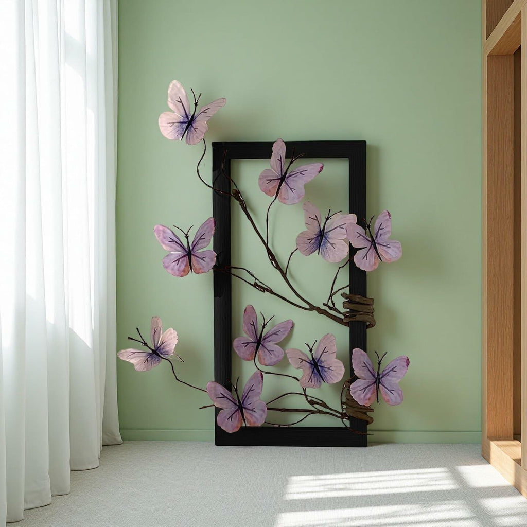HMKAIJUFUL Handmade Butterfly Wall Art Wood Frame Blue Purple 16x8in
