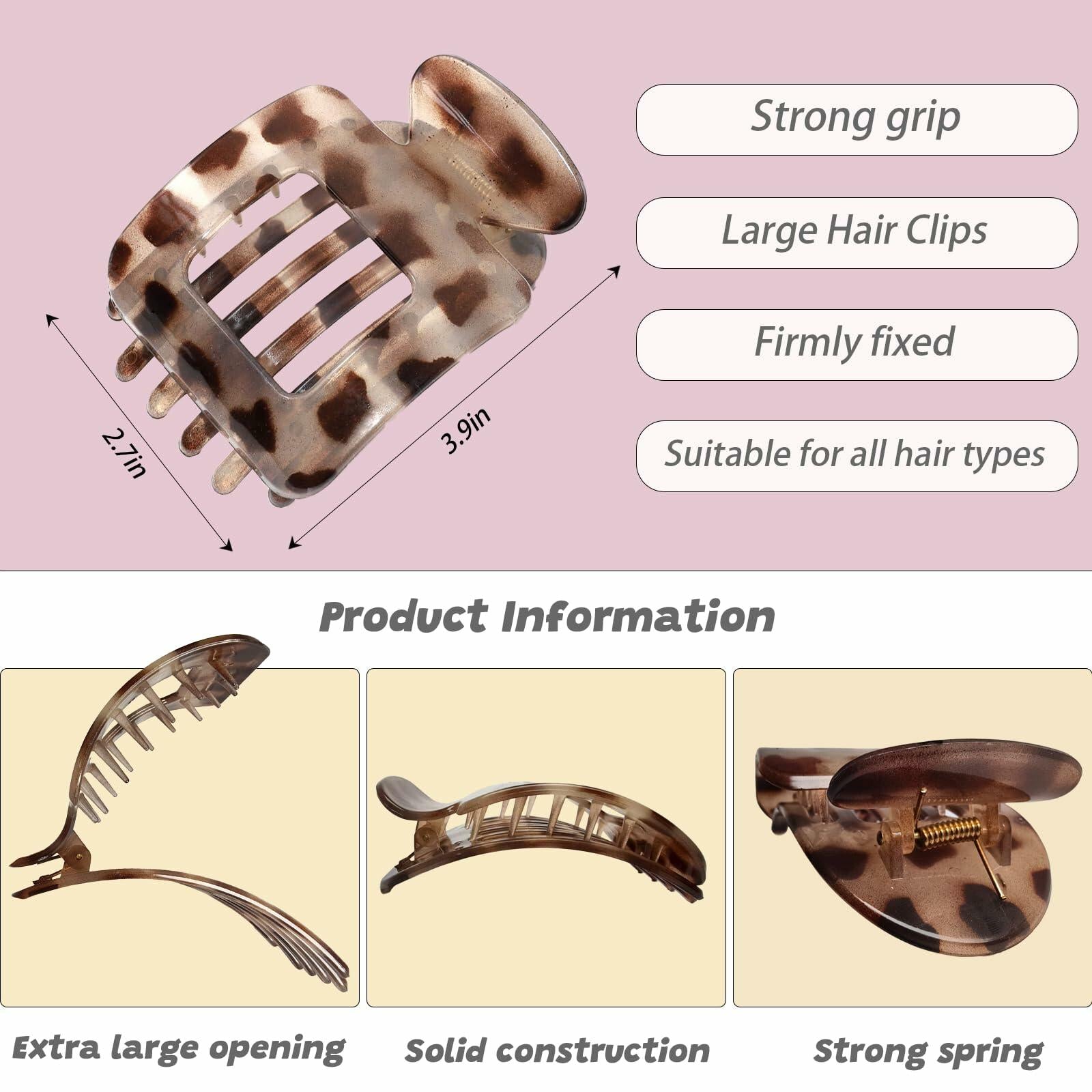 6Pcs Flat Square Leopard Hair Clips Large Claw Clips Non Slip Strong Hold