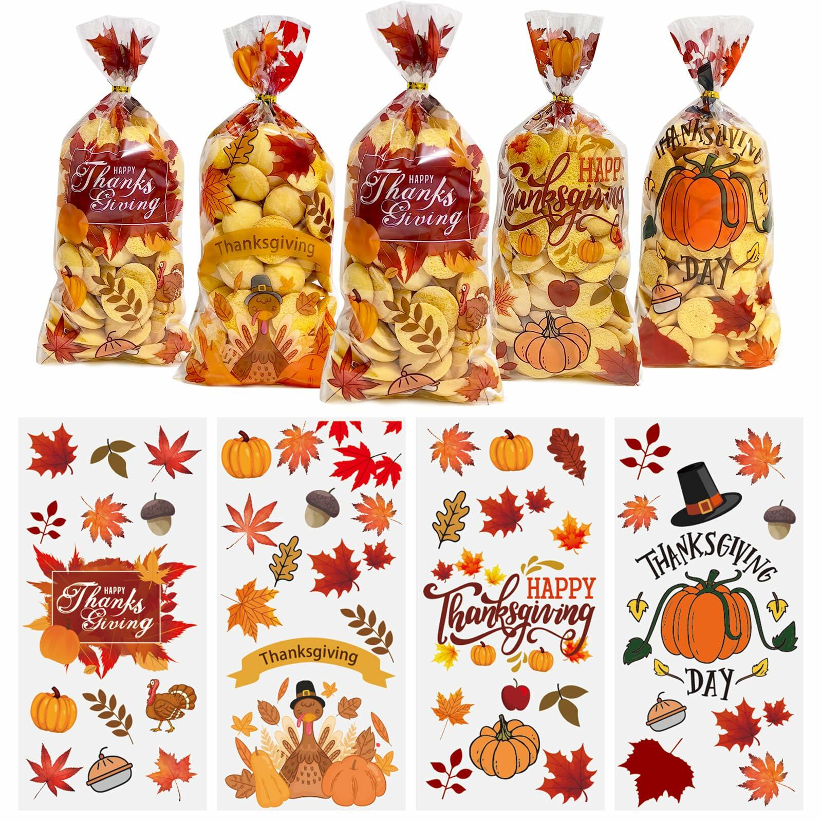 QOIUSO 100PCS Thanksgiving Treat Bags with 110 Twist Ties Pumpkin Leaf