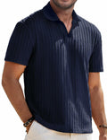 Knit Polo Shirt Men V Neck Buttonless Short Sleeve Navy Size M
