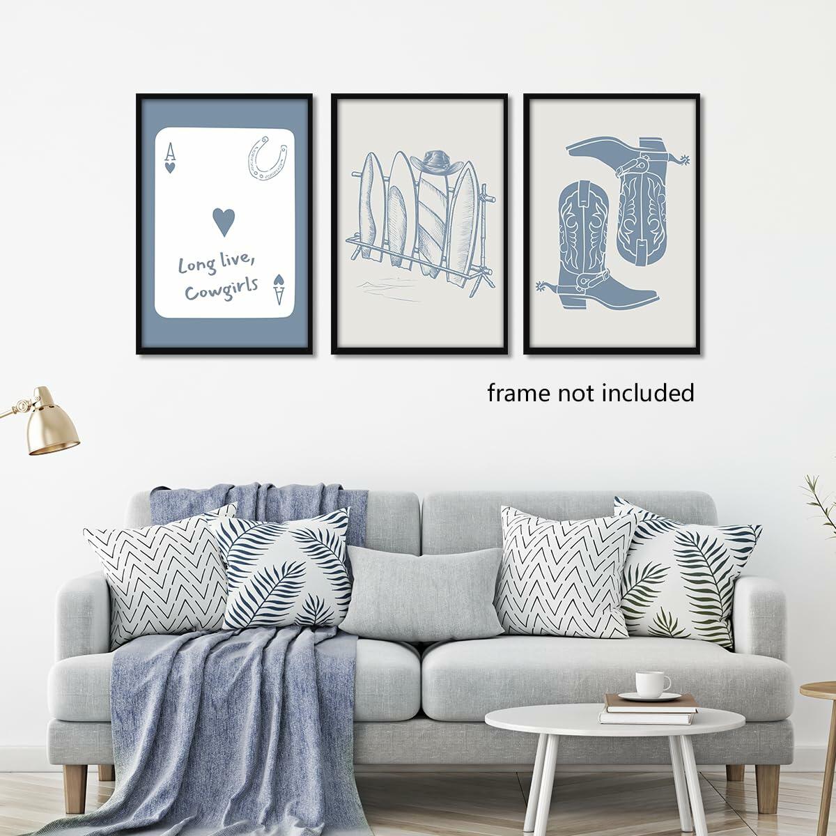 Venphude Coastal Art Canvas Set of 3 12x16in Unframed Blue Cowgirl Surfboard