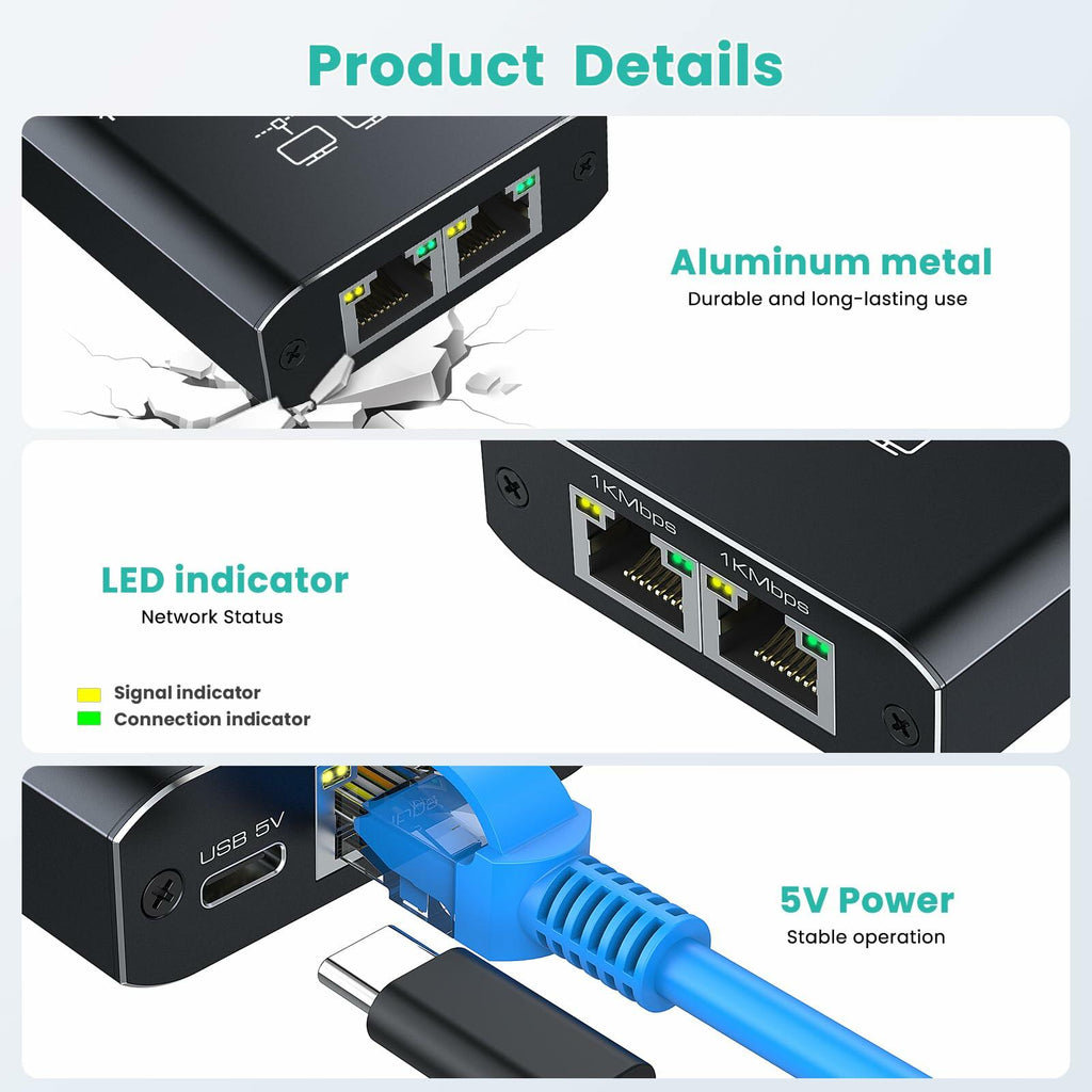 HRSDEIE Ethernet Splitter 1-to-2 Gigabit RJ45 1000Mbps Network LAN Adapter