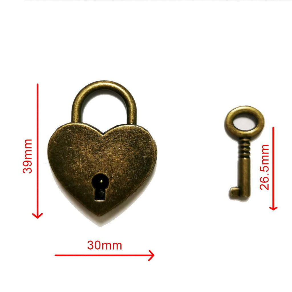 PeekaBear Mini Antique Brass Heart Padlock with Key 2-Pack Vintage Style