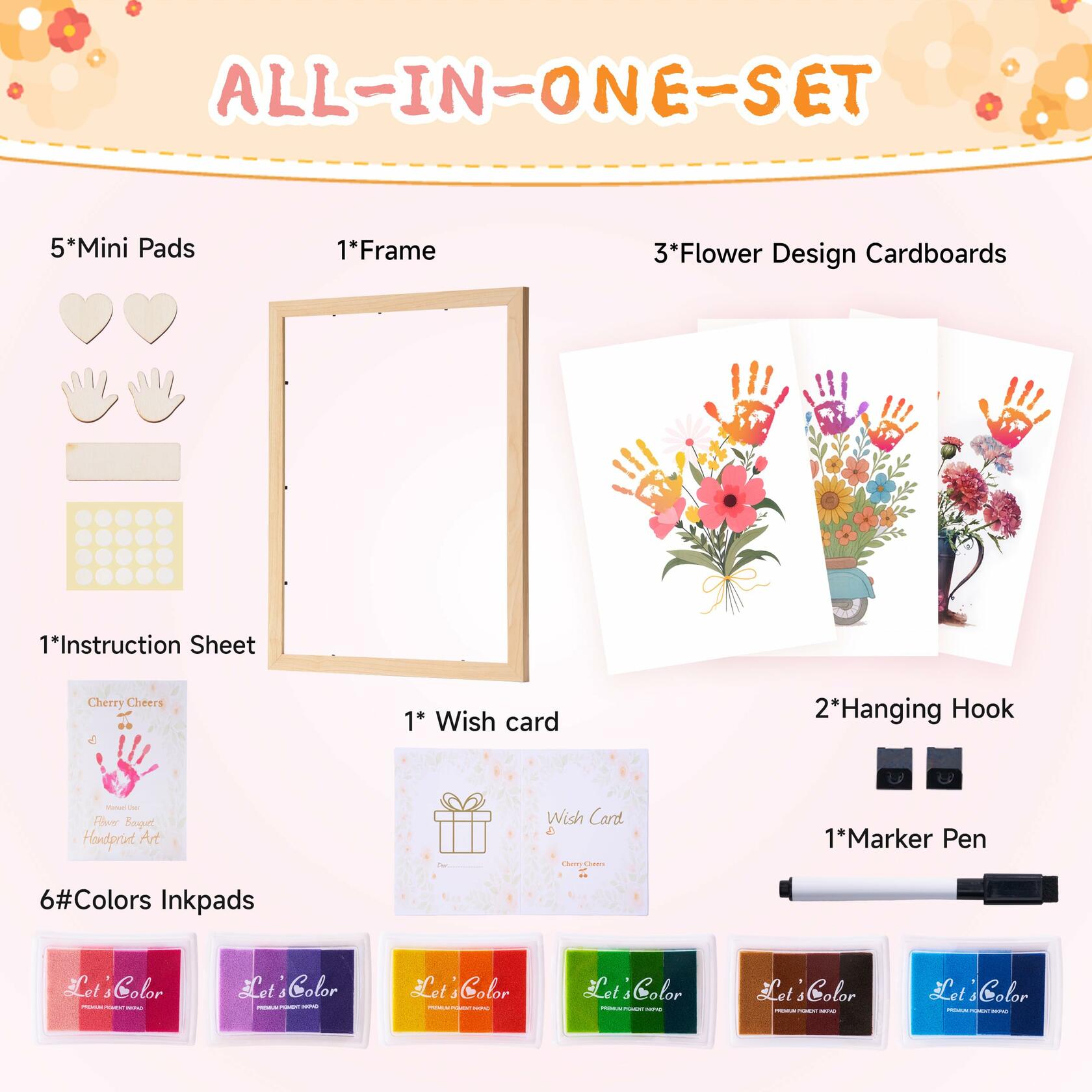 CHERRY CHEERS Flower Bouquet Handprint Art Kit 3 Sheets 6 Colors White Canvas