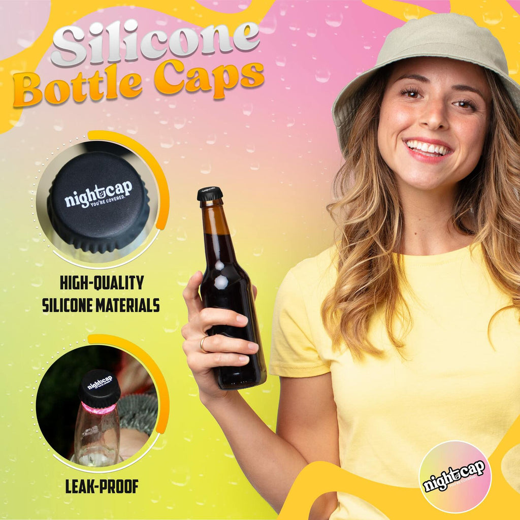 Nightcap Drink Spiking Prevention Bottle Caps Silicone Beer Wine 2 Pack