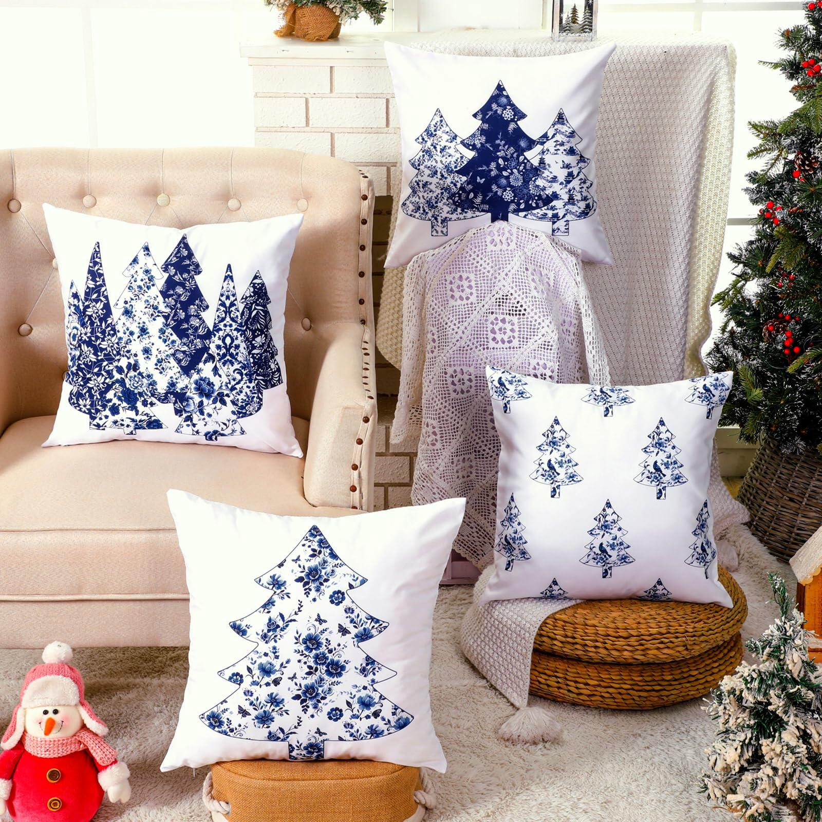 Mixweer Chinoiserie Christmas Tree Throw Pillow Covers 18x18 Blue 4 Pc