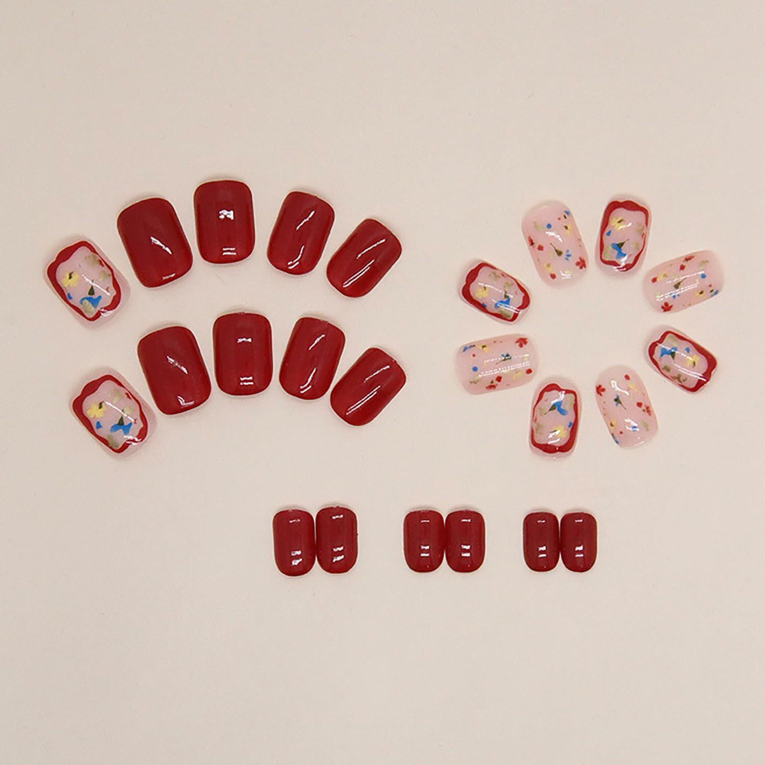 LYLYNB 24pcs Wine Red Floral Square False Nails Glossy Full Cover Set