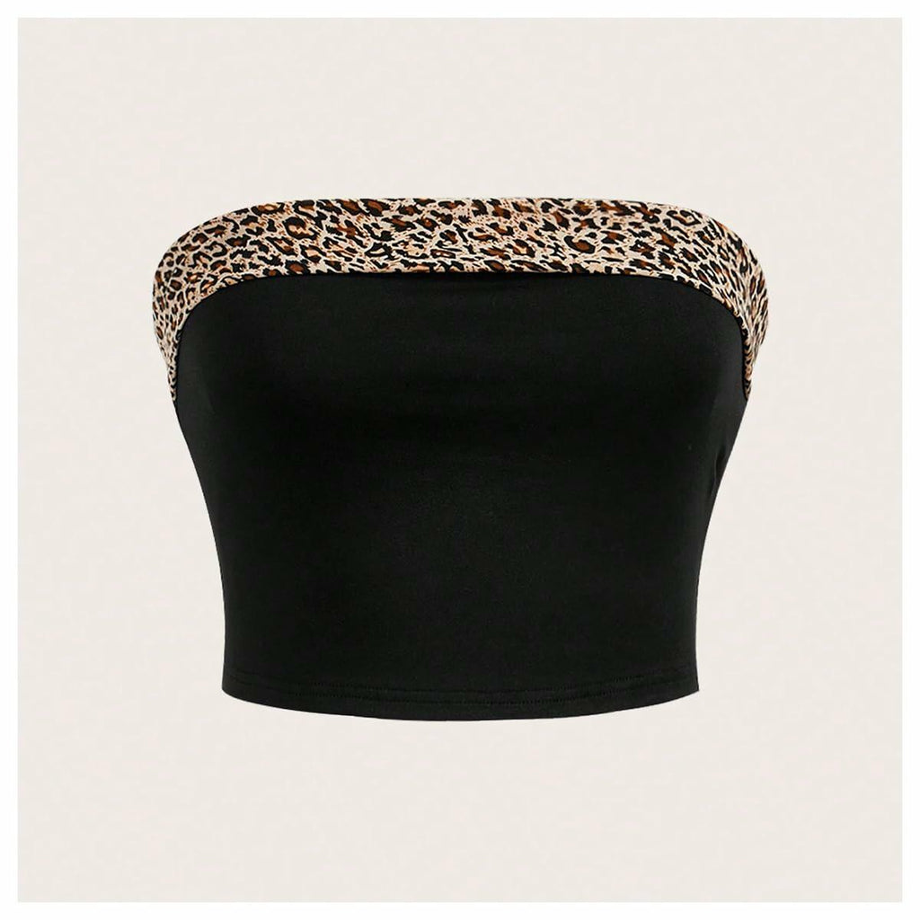 BEAUDRM Women's Leopard Crop Tube Top Strapless Sleeveless Black Size L