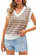 CFLONGE Women's Striped Crochet Knit Sweater Vest Khaki Size Large