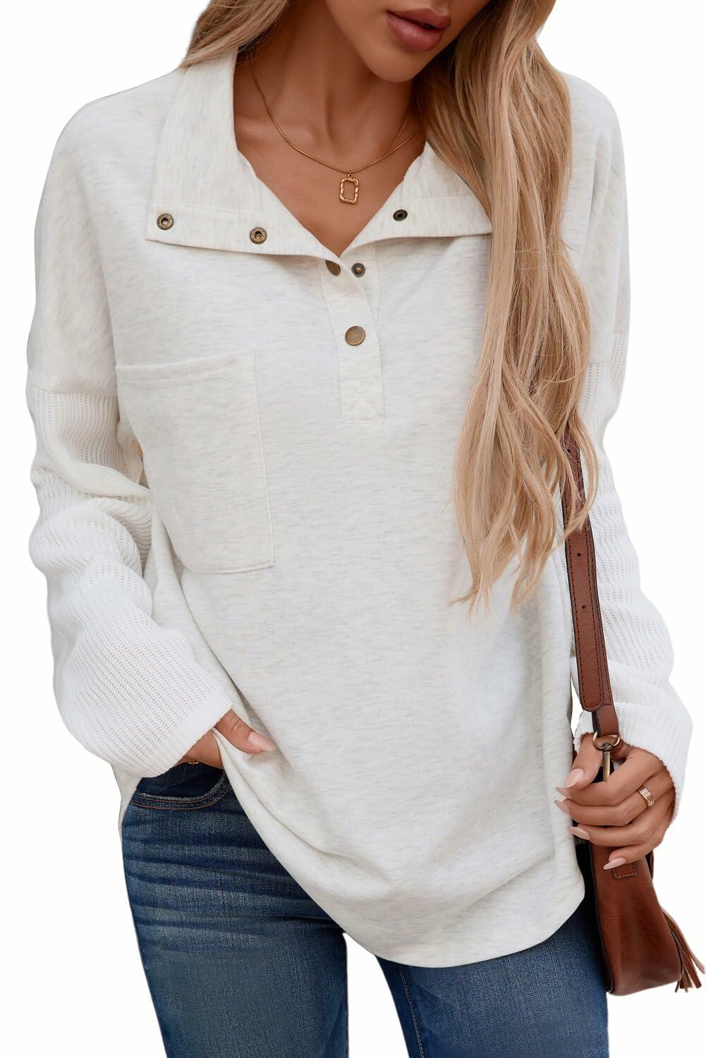 SHEWIN Women Oversized Button Up Sweatshirt Blue Size S