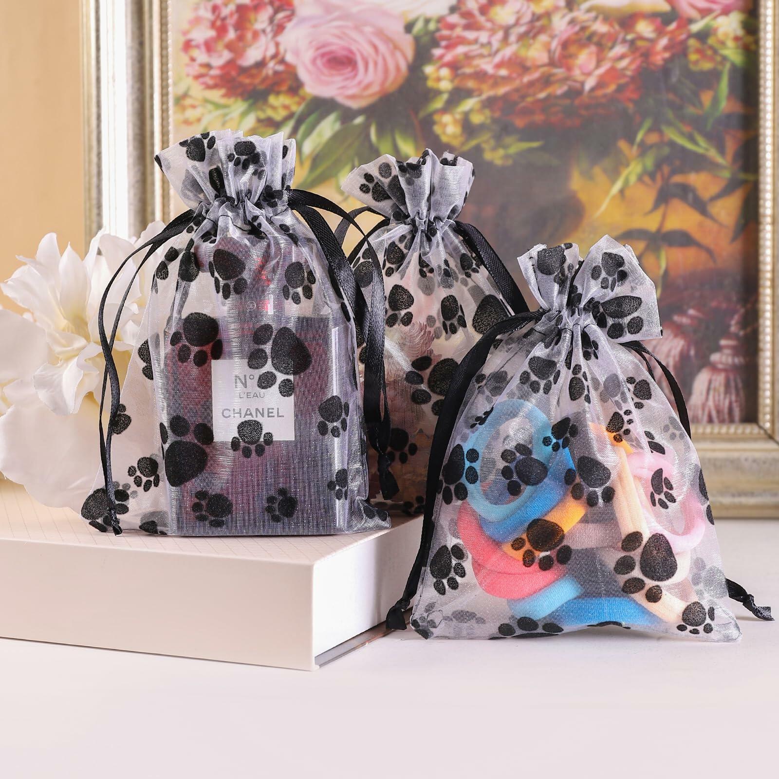SHYRABBIT Paw Print Organza Drawstring Bags 8x12in White 10pcs