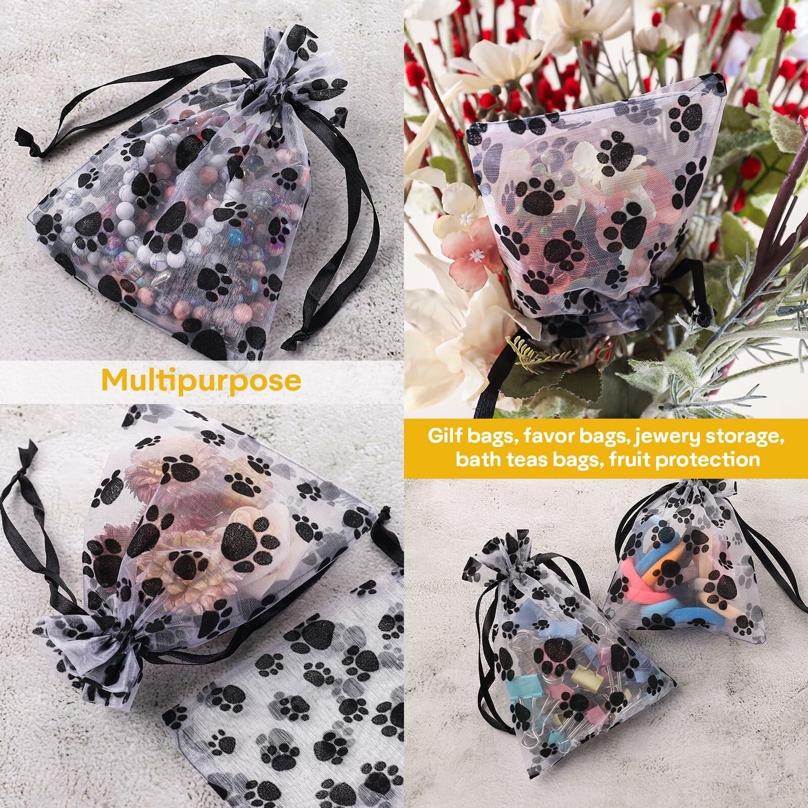 SHYRABBIT Paw Print Organza Drawstring Bags 8x12in White 10pcs