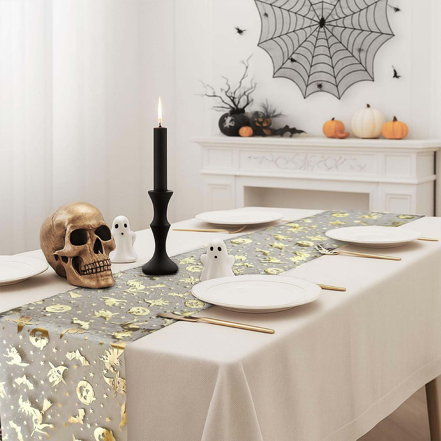 Sioloc Halloween Table Runner Gold Foil Witch Bat Pumpkin Sheer Polyester