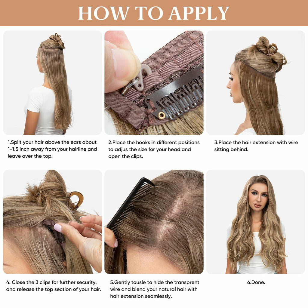 challeam Invisible Transparent Wire Hair Extensions Wavy Curly Long Synthetic