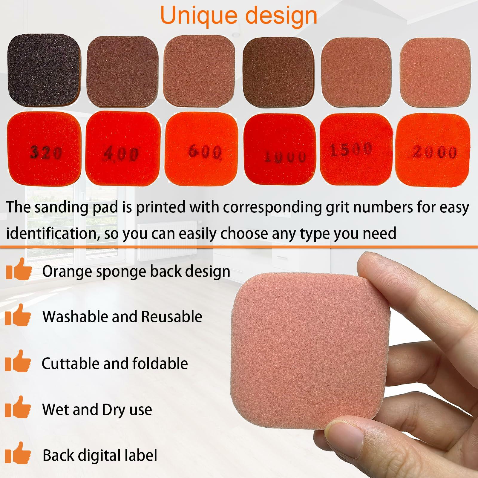 Toromp 2x2 Inch Soft Touch Sanding Pads 27 Pack Orange 320-3500 Grit