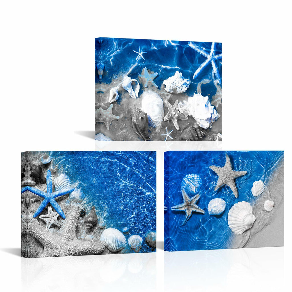 FuShvre Beach Canvas Wall Art Sea Shell Pictures Blue 12x16 3pcs Coastal